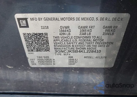 2019 Chevrolet Trax Ls из США, поврежденный, VIN 3GNCJKSB4KL228410